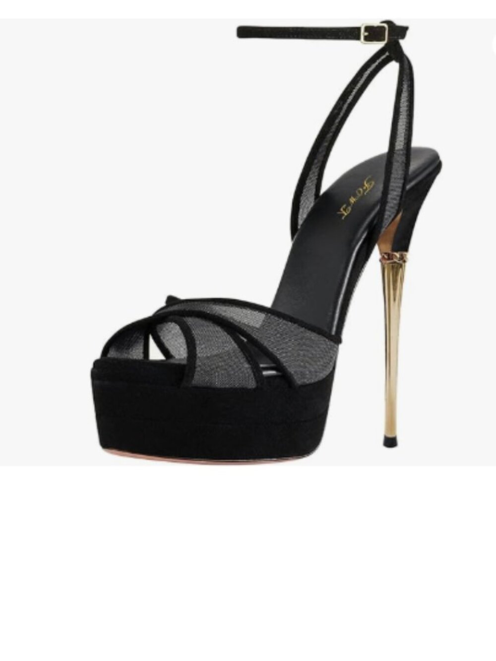 FOWT Black Women Platform Peep Toe Ankle Strap Metal Stiletto High Heels Sandals